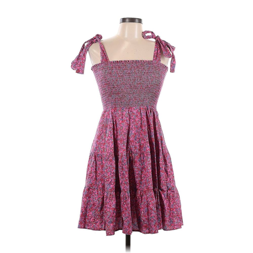 Xirena Lori Smocked Mini Dress Large L Pink Purple Ditsy Floral Tie Strap Cotton